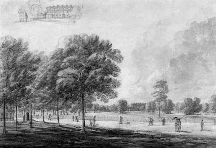 La Queen's House (Buckingham Palace) dal Green Park, con uno studio sussidiario della facciata con una sentinella